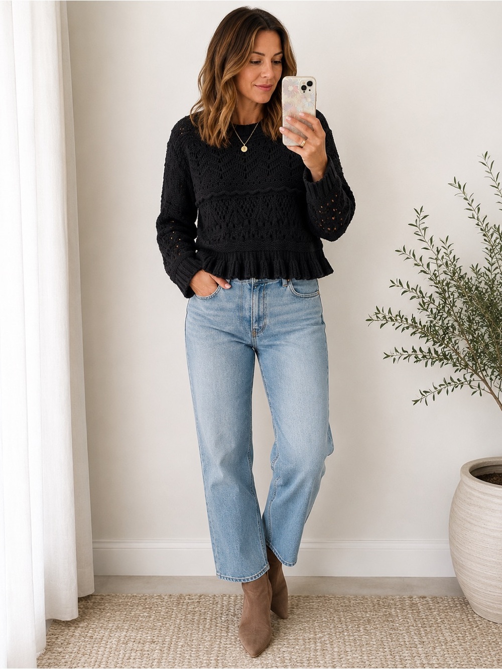 saltwater LUXE Black Open Knit Crochet Peplum Sweater Size M Boho Cottagecore